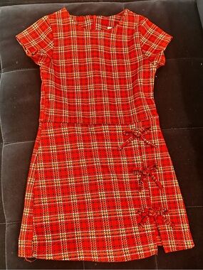Zara Red Plaid Short-Sleeve Dress with Side Bow Accents